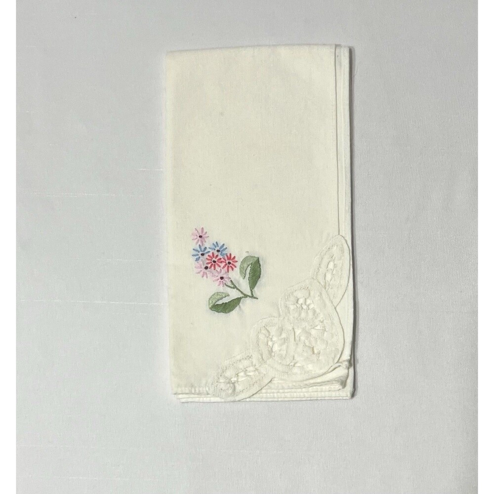 Vintage Hanky Handkerchief Dollie Floral Embroidery Lace Grandma Handmade LN
